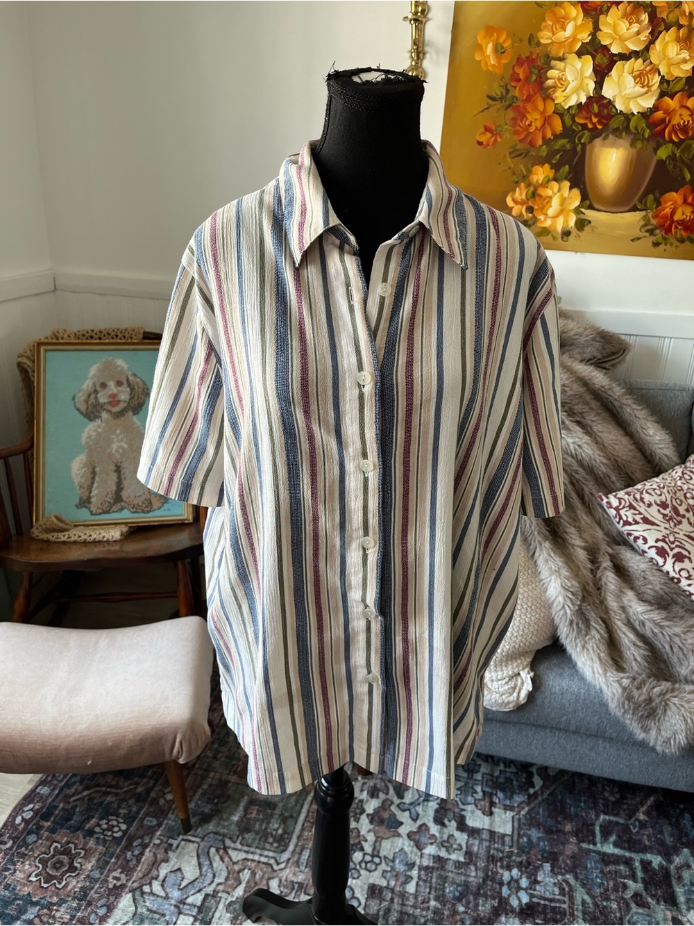 Womens Vintage Alfred Dunner Striped Short-Sleeve Button-Down Shirt Size 1X